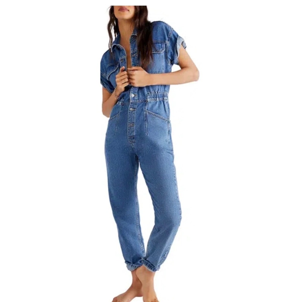 Free People We The Free Marci Denim Jumpsuit Medium Wash Blue XS Short Sleeve